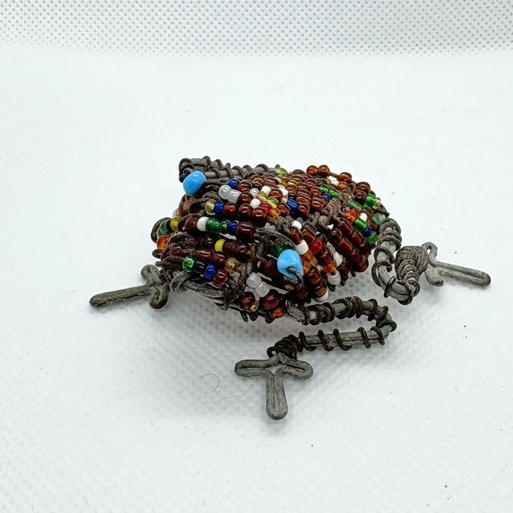 Unique Colorful Beaded Wire Frog Toad Sculpture with blue eyes